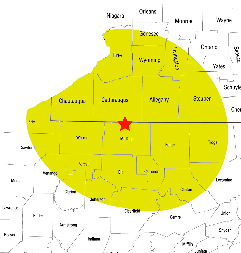 Map showing the company's service area in the Northern tier of Pennsylvania and Western New York. Some service locations include McKean, Elk, Forest, Potter, Allegany, Cattaraugus, and Chautauqua counties.
